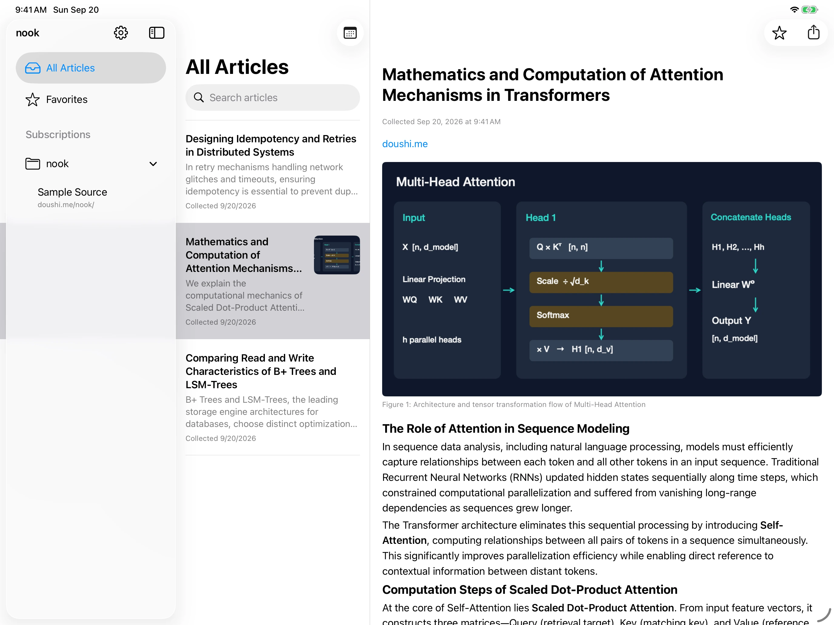 Three-pane iPad layout showing a Transformer technical article with an architecture diagram and introductory text.