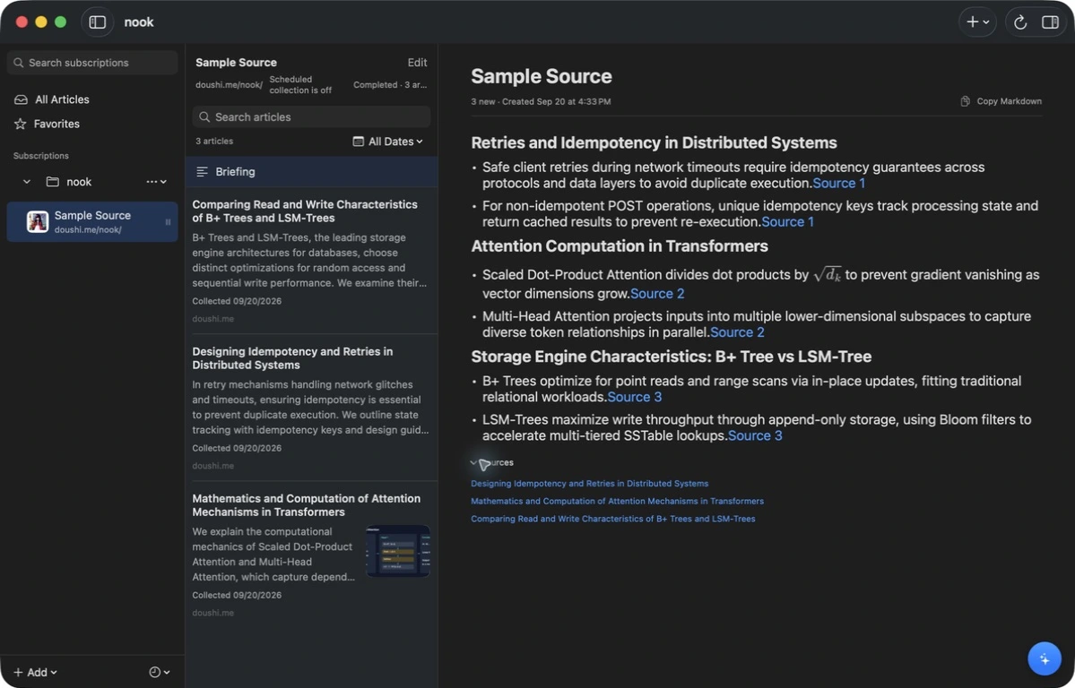 Mac screen showing a briefing covering distributed systems idempotency, Transformers, and B+ Tree/LSM-Tree, with citation links to sources.