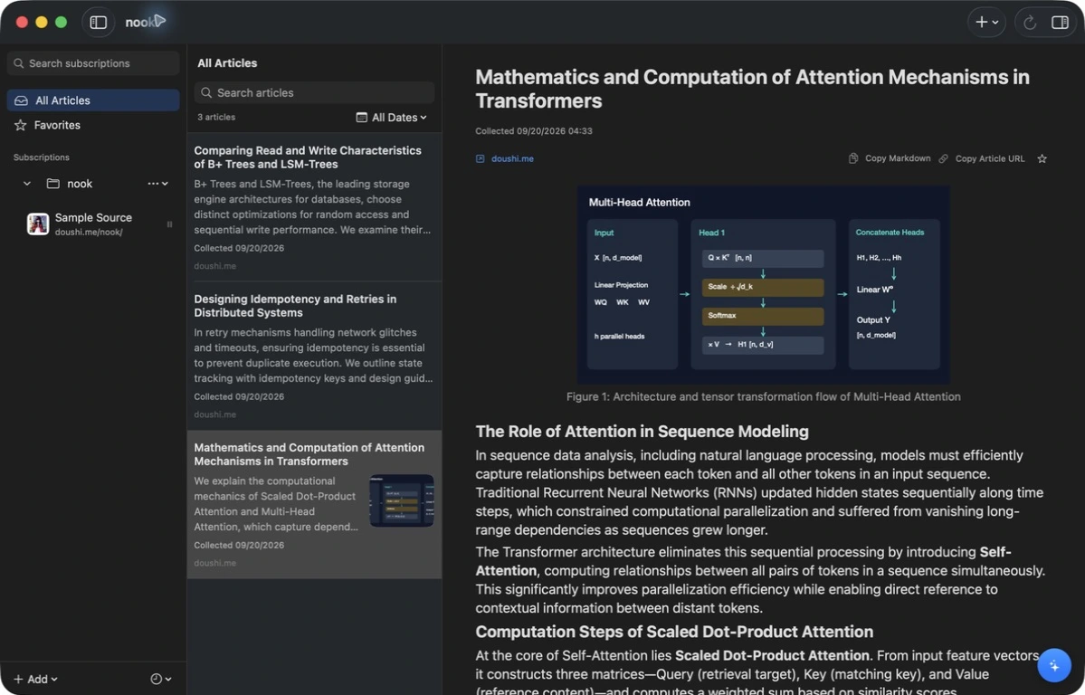Mac screen displaying the nook folder and Sample Source, three demo articles, and an article explaining Transformer attention computation with a Multi-Head Attention diagram.